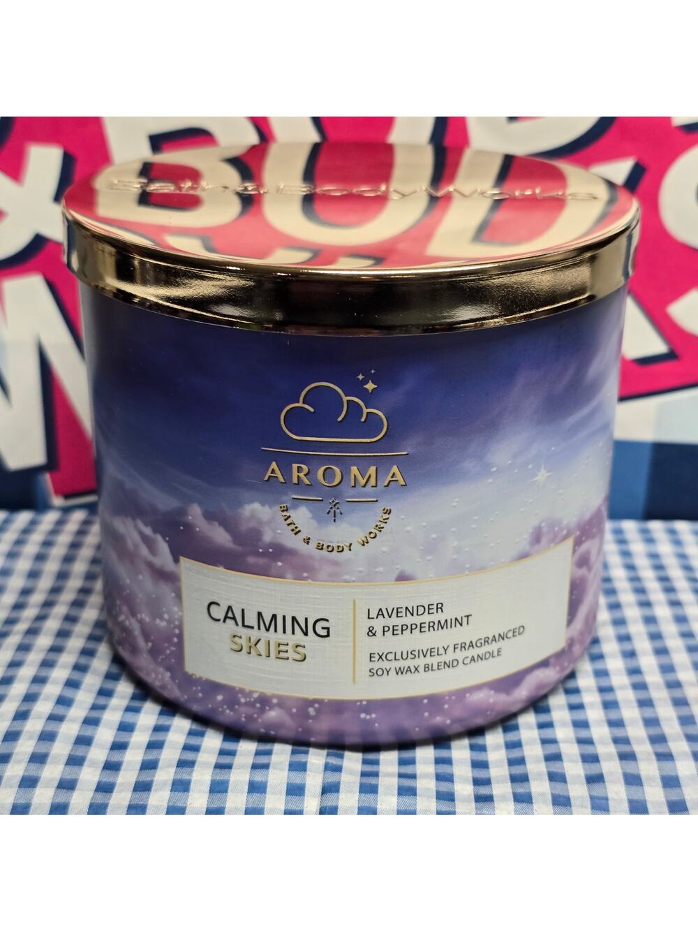 BBW Aroma Calming Skies Lavender & Peppermint Large 3 Wick Candle Home Fragrance